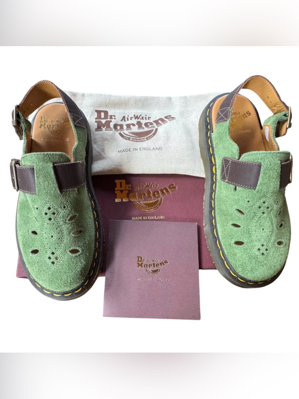 Dr Martens Made In England Green suede w/ Brown Leather straps Women’s US7 NWT - Picture 7 of 9